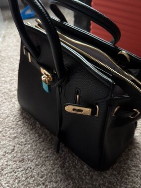Structured Black Leather Satchel Handbag with Gold Hardware